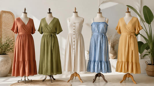 Plus size summer dresses in breathable fabrics displayed in an airy studio