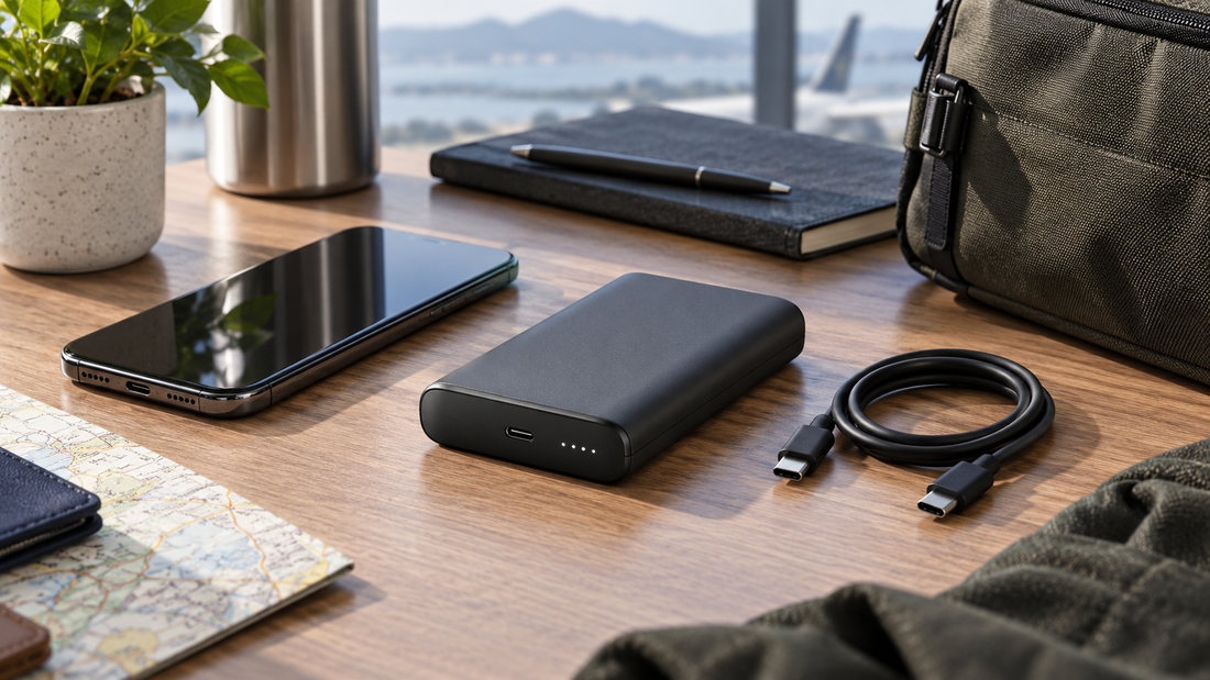 Portable phone charger with USB-C cable and smartphone on a travel desk