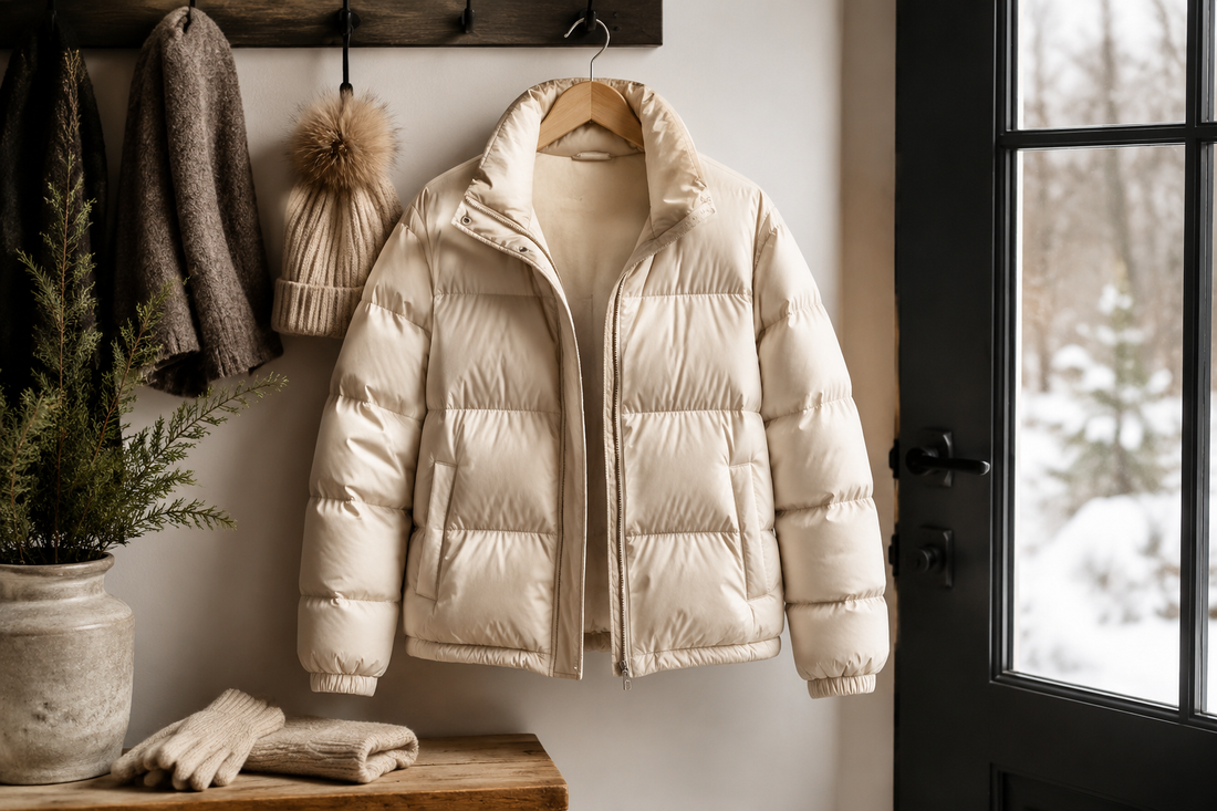Women's cream puffer jacket in a winter entryway