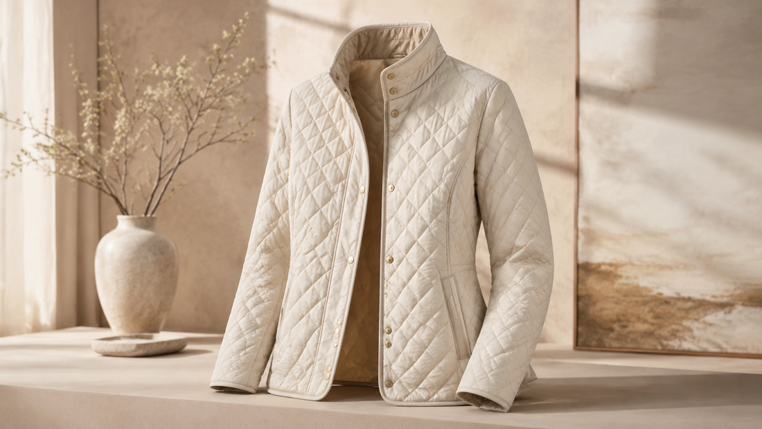 Women's quilted jacket displayed in a refined fashion studio