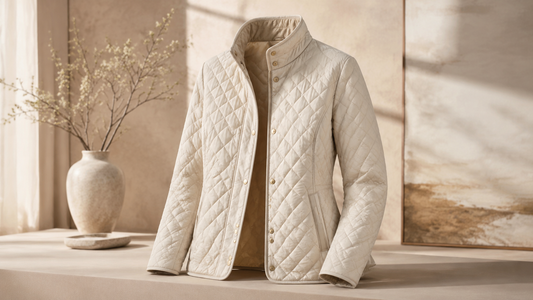 Women's quilted jacket displayed in a refined fashion studio