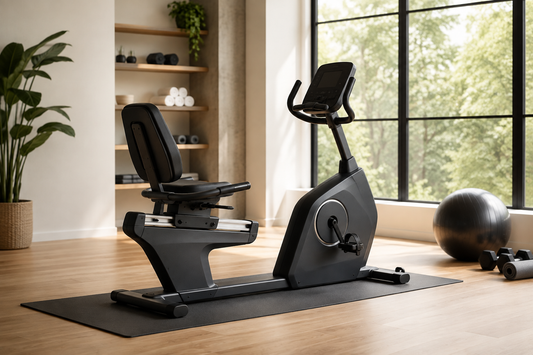 Recumbent exercise bike in a bright home fitness room