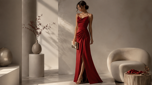 Elegant red dress in a softly lit fashion studio