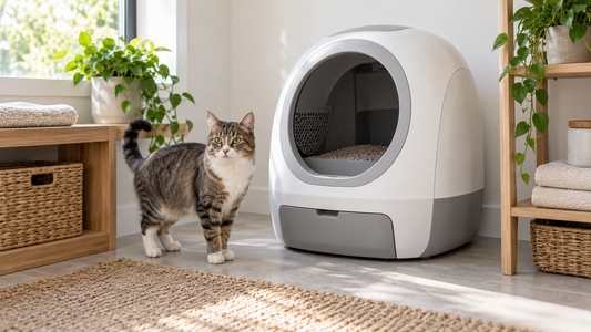 Adult cat standing beside a modern automatic robot litter box