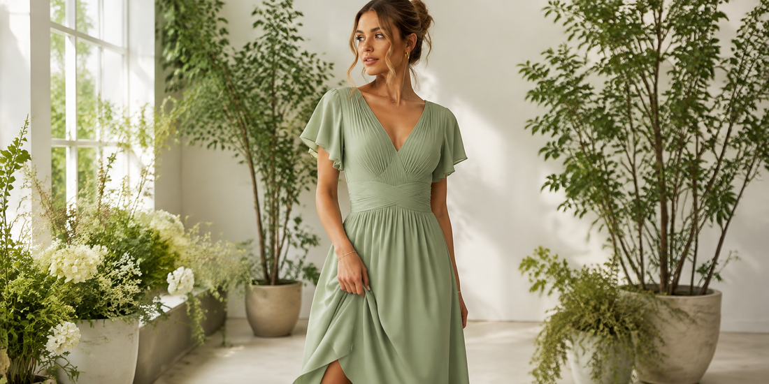 Sage green dress displayed in a bright botanical studio