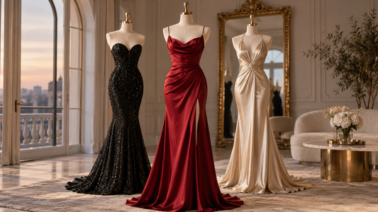 Tasteful editorial view of elegant dresses for women in an evening setting