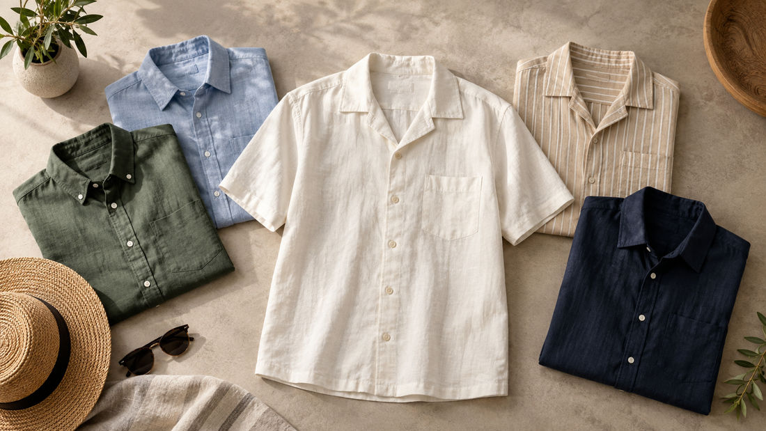Editorial flat lay of refined short sleeve shirts in breathable fabrics