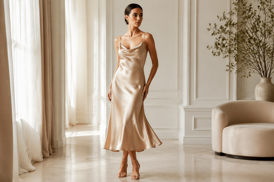 Elegant silk midi dress with a fluid drape