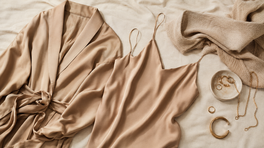 Silky tan camisole and robe arranged with neutral knitwear and gold-tone accessories