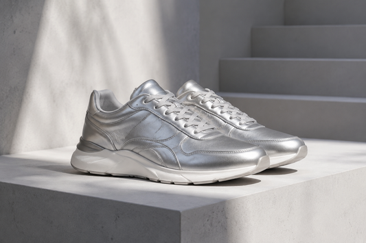 Silver sneakers displayed on a minimal studio platform