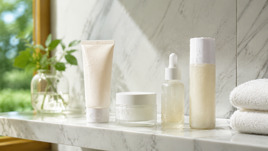 Gentle unbranded skincare essentials on a bright shelf