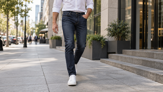 Editorial view illustrating slim fit jeans in a clean, realistic setting with no text or branding