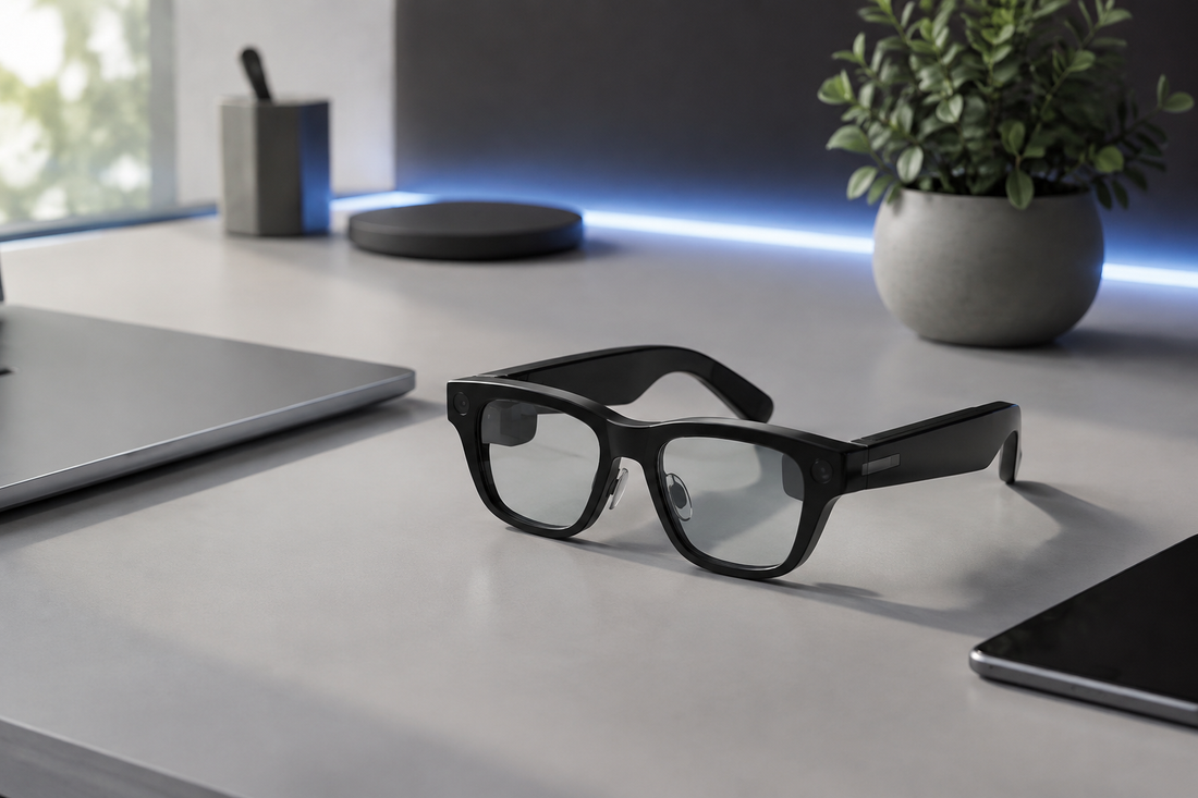 Sleek smart glasses on a minimal modern desk