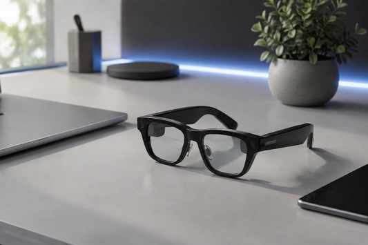 Sleek smart glasses on a minimal modern desk