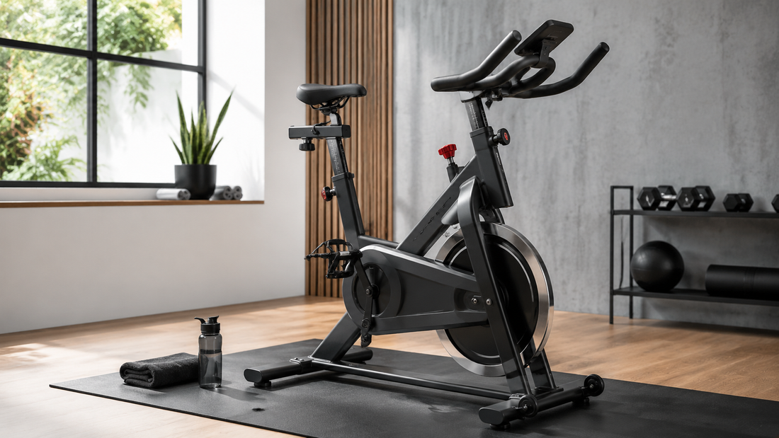Indoor spin bike in a bright home fitness studio