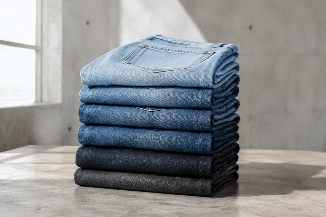 Stacked denim jeans styled in a modern urban studio