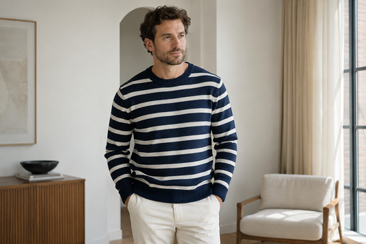 Adult man wearing a navy and cream striped sweater in a bright neutral interior