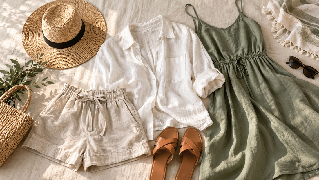 Editorial flat lay of a breathable coordinated summer outfit capsule