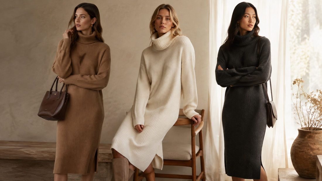Knit sweater dresses in camel, cream and charcoal