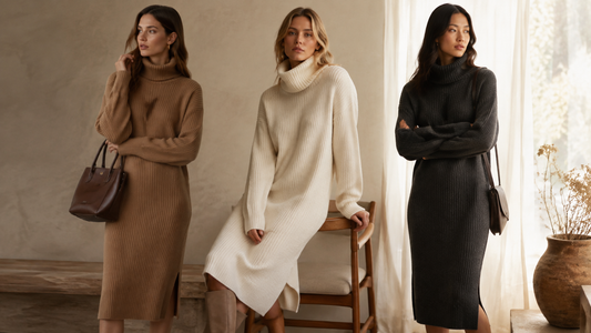 Knit sweater dresses in camel, cream and charcoal