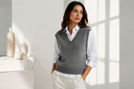 Sweater vest styled over a crisp shirt