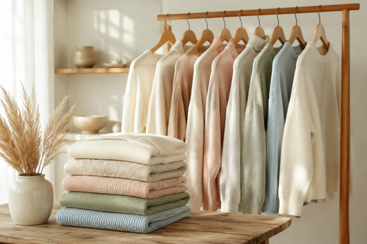 Elegant women's sweaters arranged in a bright cozy studio
