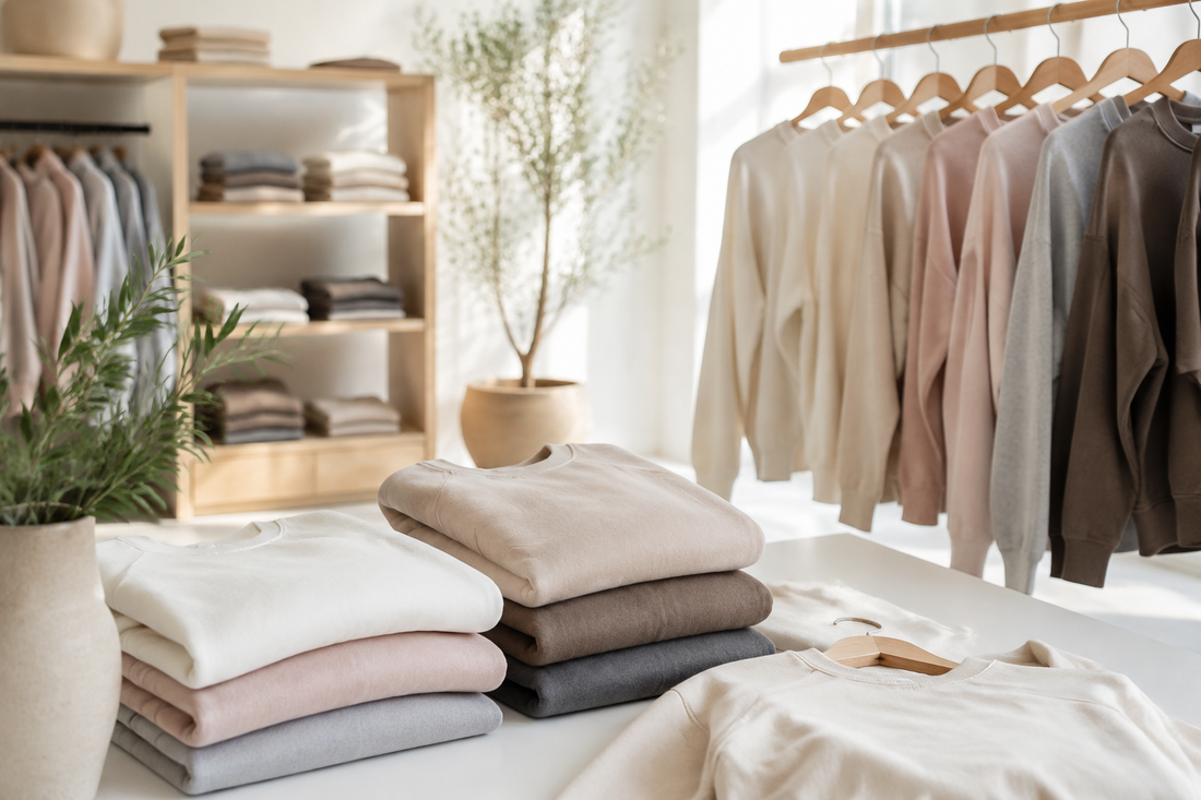 Women's sweatshirts arranged in a bright casualwear studio