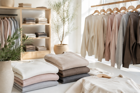 Women's sweatshirts arranged in a bright casualwear studio