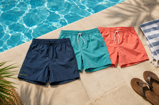 Navy teal and coral swimming shorts arranged beside a clear outdoor pool