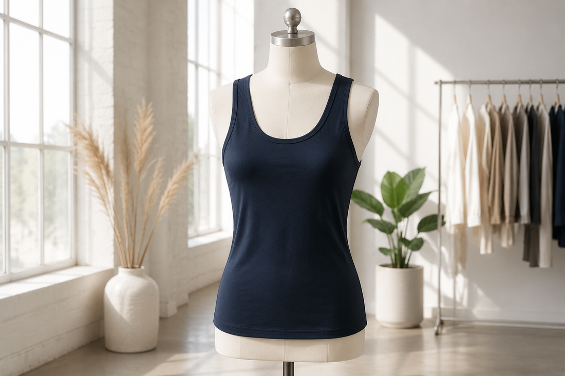 Minimal tank top displayed in a sunlit modern studio