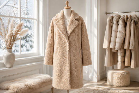 Neutral teddy coat displayed in a cozy winter fashion studio