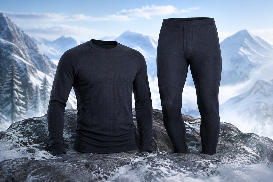 Thermal underwear base layer set in a winter gear studio