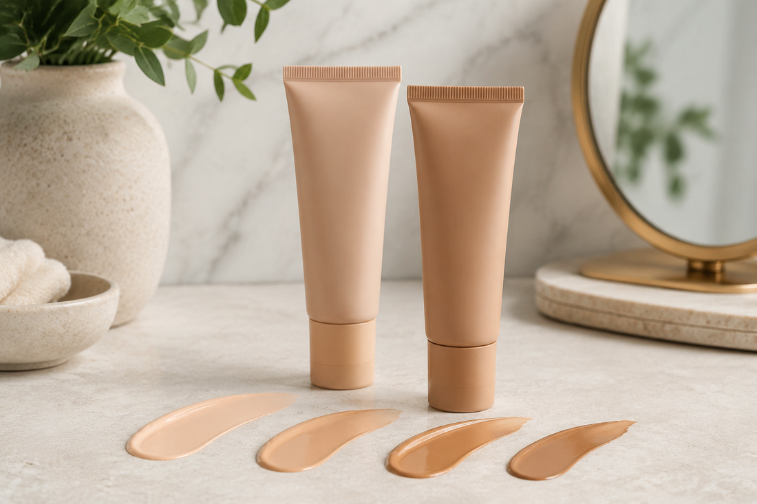 Unbranded tinted moisturizer tubes with natural skin-tone swatches