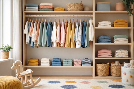Colorful toddler clothes arranged in a bright nursery wardrobe