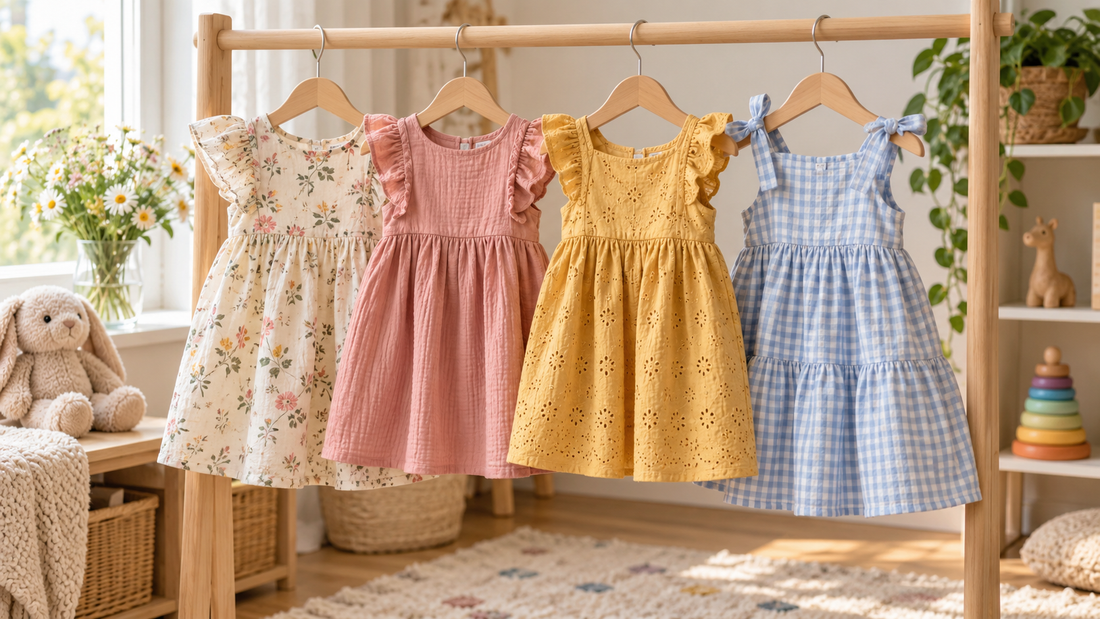 Editorial nursery view of comfortable toddler dresses on hangers