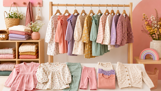 Toddler girl clothes arranged in a bright playful studio