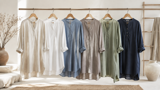 Tunic tops in linen and soft woven fabrics displayed in an airy studio