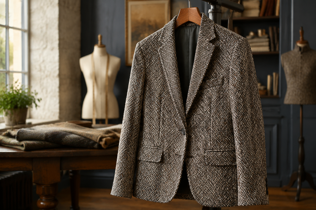 Tweed jacket displayed in a refined heritage-inspired studio