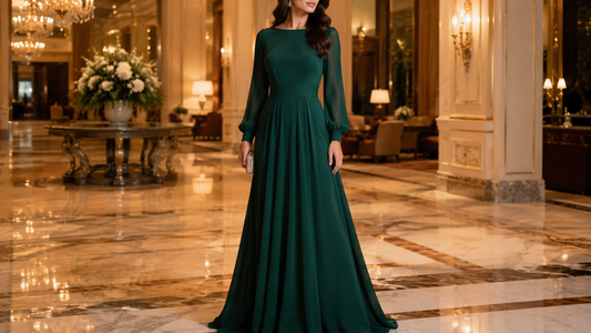 Woman wearing an elegant deep emerald floor-length formal dress in a refined hotel interior