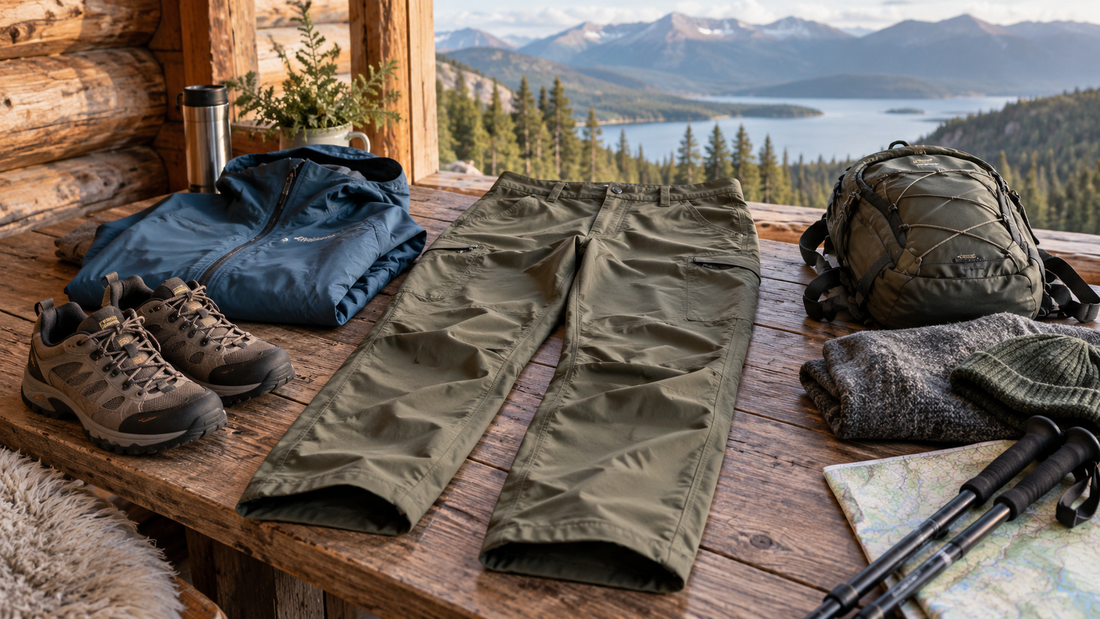 Editorial outdoor apparel view of practical walking trousers and trail essentials