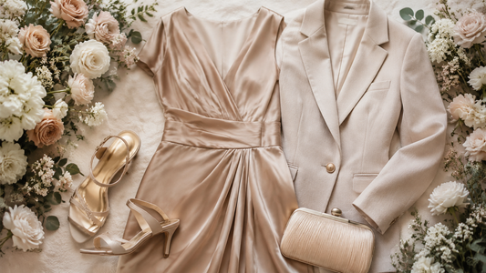 Elegant wedding guest outfit with dress jacket shoes and clutch