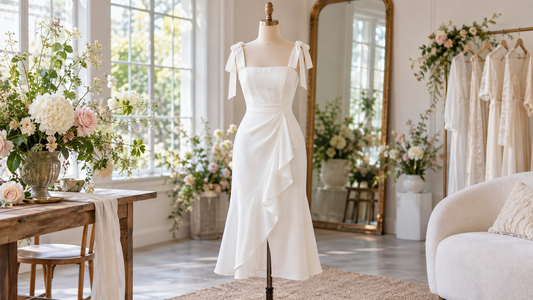 Editorial view of a refined white bridal shower dress in a bright floral studio