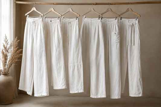 White linen pants in several relaxed and tailored silhouettes