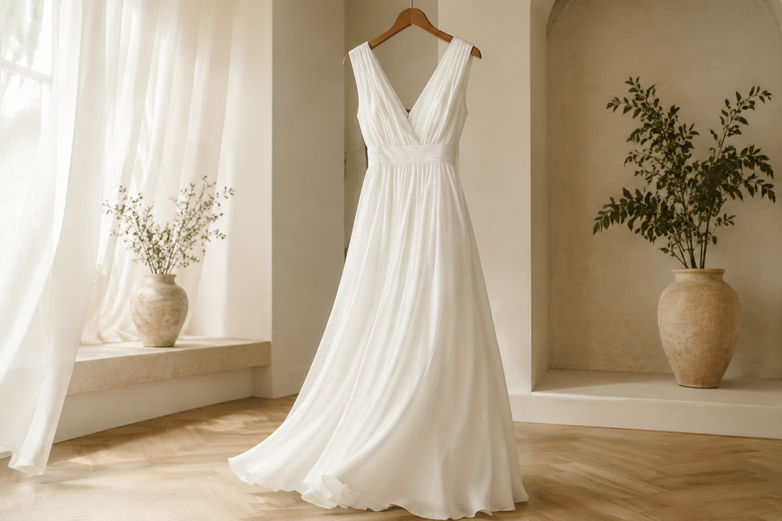 Flowing white maxi dress in a bright airy room