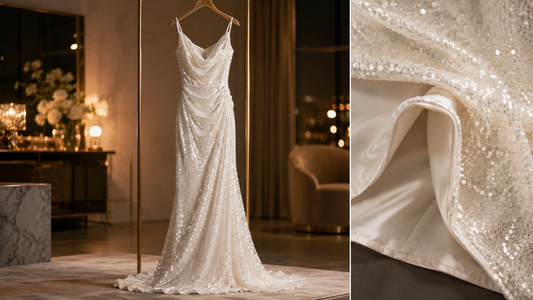 White sequin dress displayed in a softly lit evening studio