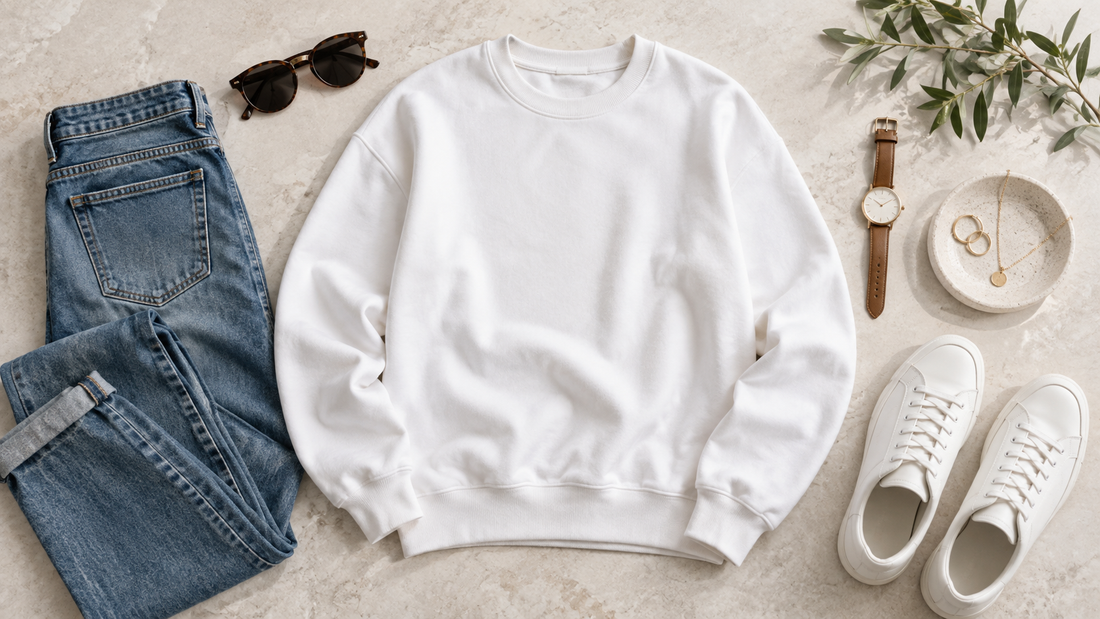 Editorial flat lay of a white sweatshirt with coordinated casual clothing and no text or branding