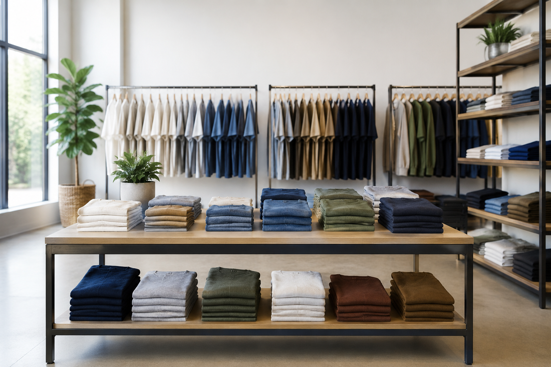 Wholesale clothing racks and folded apparel in a professional showroom