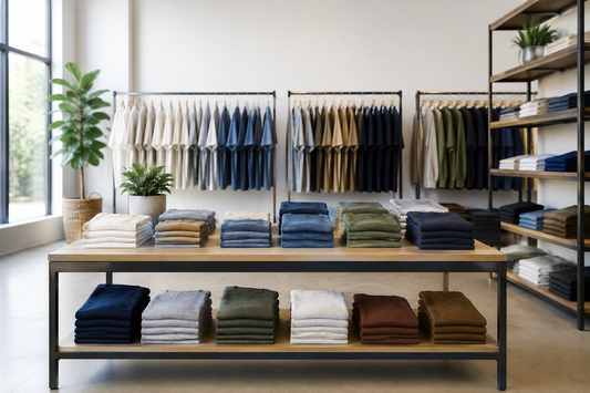 Wholesale clothing racks and folded apparel in a professional showroom