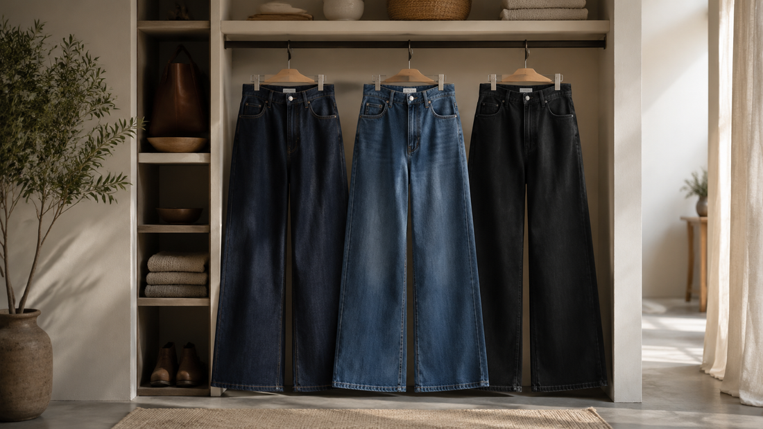 Wide-leg jeans in indigo, blue and black denim