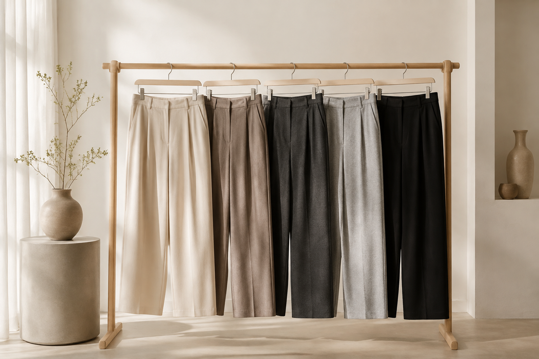 Wide-leg pants in neutral fabrics and elegant silhouettes